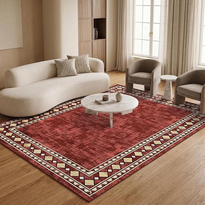 Garvee 8x10 Vintage Border Washable Rugs for Living Room Bedroom Rug, Red | Boho Area Rug Stain Resistant Easy Cleaning Throw Rugs Low Pile Floor Cover for Nursery Dining Room Apartment