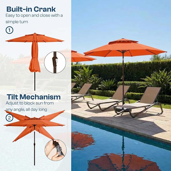 10FT Patio Umbrella, 2 Tier Outdoor Table Umbrella, Large Vented Market Umbrellas with Push Button Tilt and Crank, 8 Sturdy Ribs for Backyard, Deck, Pool, UPF50+ UV Protection