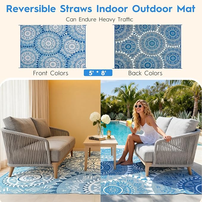 Alfolo 9x12 Outdoor Patio Rug - Waterproof Reversible Plastic Straw Mat, UV Resistant & Easy Clean, Foldable Camping Carpet with Carry Bag for RV, Deck, Pool & Picnic (Navy Blue Boho)