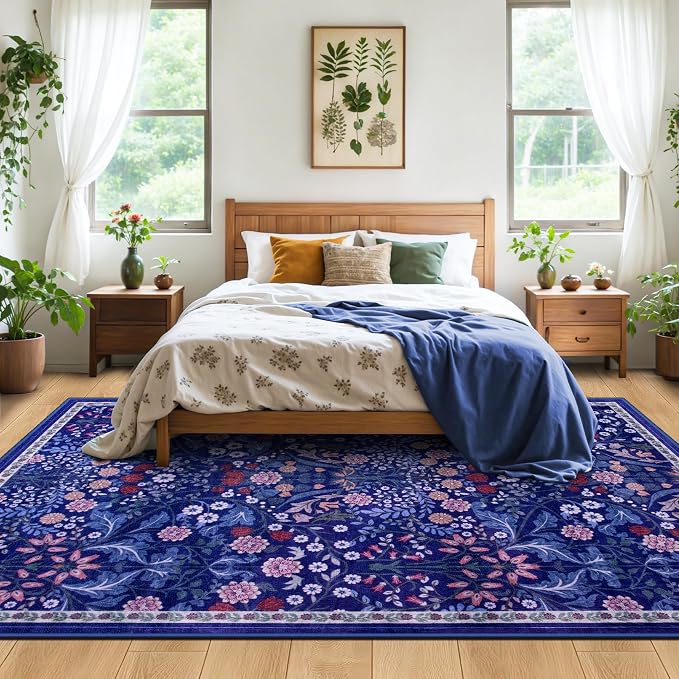 PLHXFR Area Rug 10x12 Living Room: Floral Washable Boho Soft Carpet Blue | For Bedroom Dining Room Farmhouse Nursery Hallway,Vintage Floral,Machine washable,Non Slip,Stain Resistant,Large Indoor