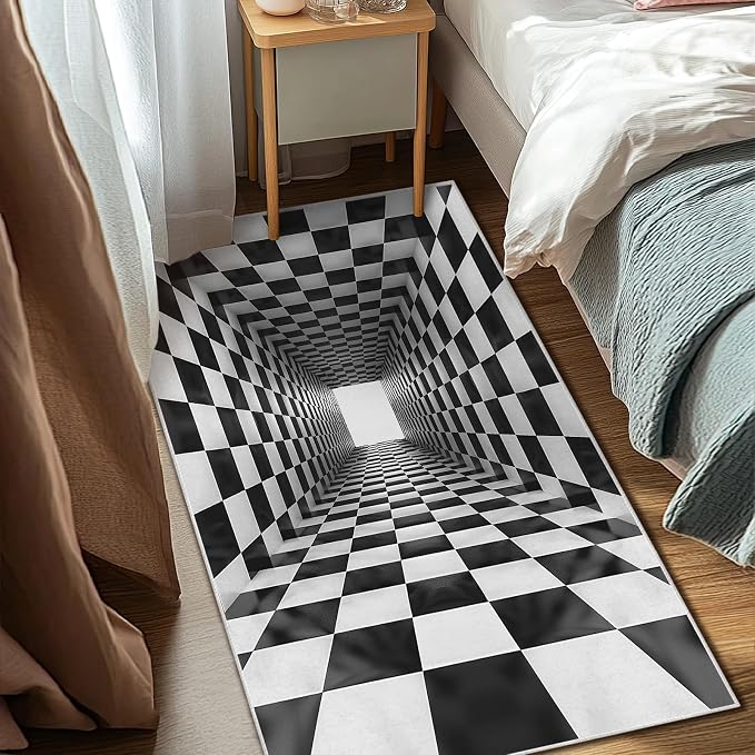 Boho Area Rug for Living Room Abstract 3x5 Entryway Rug Modern 3D Hole Trap Optical Visual Illusion Rugs Non Slip Low Pile Machine Washable Black White Floor Carpet for Indoor Bedroom Dining Room