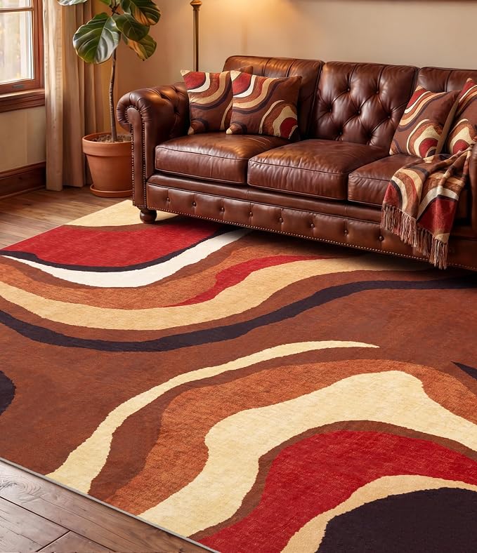 Burnt Orange Rug 5x7 Washable,Farmhouse Brown Retro Carpets,Geometric Abstract Wavy Rug for Bedroom,Unique Colorful Rugs for Living Room,Dining Room,Alfombras para Salas
