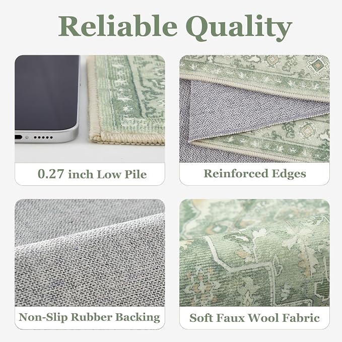 8x10 Sage Green Rugs for Living Room, Modern Vintage Medallion Washable Large Rug for Playroom Bedroom, Cozy Cottagecore Low Pile Thin Soft Carpet Rugs for Dining Room Soft Green