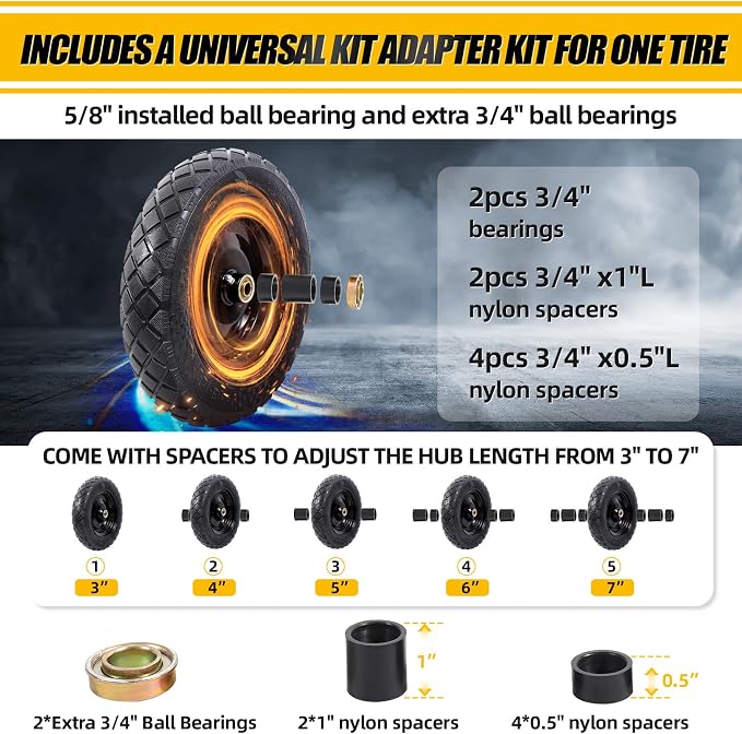 MZREXN 4.80/4.00-8" Flat Free Tire and Wheel 15" Wheelbarrow Tires | 3.00-4.00/4.80-8" Solid Tires with 5/8" & 3/4" Bearings, 3" Centered Hub for Hand Truck Garden Trailers 2PCS Black