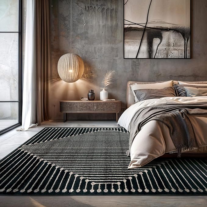 Rugshop Contemporary Bohemian Stripe Area Rug 7'10" x 10' Black | Jute Backing, Soft Medium Pile, Stain Resistant, No Shedding, Living Room, Dining Room, Family Room, Great Room, Basement