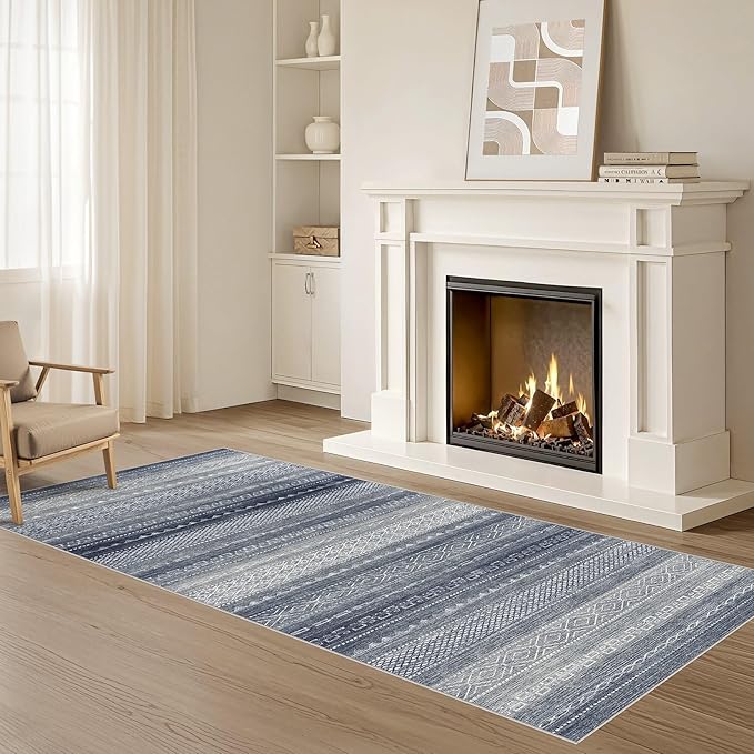 Nakagishi Boho 2x6 Runner Rug Machine Washable Rugs Non Slip Denim Blue | Soft Underfoot, Stain Resistant, Carpet for Bedroom/Kitchen/Entryway/Hallway, Bathroom Pet & Kid Friendly Moroccan Farmhouse