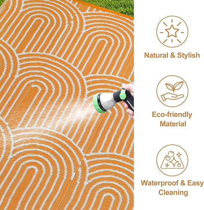 Lahome Outdoor Area Rugs 8x10 Waterproof, Plastic Reversible Rv Mats for Outside, Portable Lightweight Camping Carpet for Beach Backyard Garden (Rainbow Orange, 8'x10')