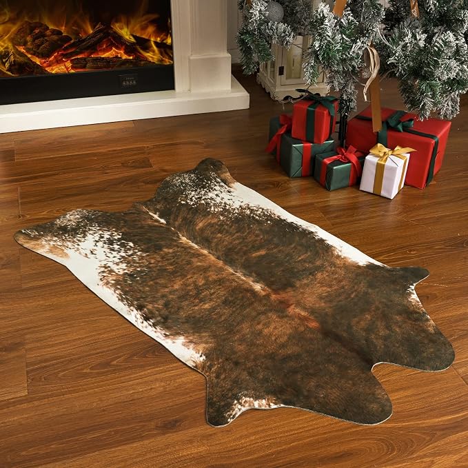 BENRON Small Faux Cowhide Rug, Cow Print Rug for Kitchen Hallyway 2.3x3.6ft | Western cow hide rug for Home Decor, Washable Rugs with Irregular Animal Skins and Hides, Non Slip, Olive Green