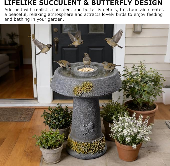 Bird Baths for Outdoors,23.6''H Outdoor Water Fountain Bird Bath & Feeder – Removable Feeding Bowl, Stone-Like Resin with Butterfly & Succulent Decor for Garden Yard Patio Porch Lawn Backyard