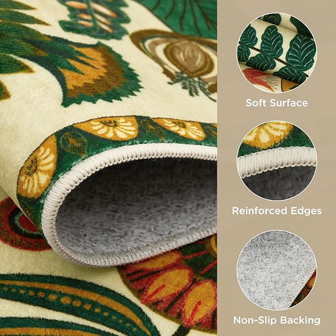 Joydeco Egypt Floral Boho Round Rugs 5FT for Bedroom Playroom Living Room | Boho Colorful Circle Non Slip Stain Resistant Flower Indoor Carpet for Dining Room Nursery Entryway Guest Room Kitchen, Beige
