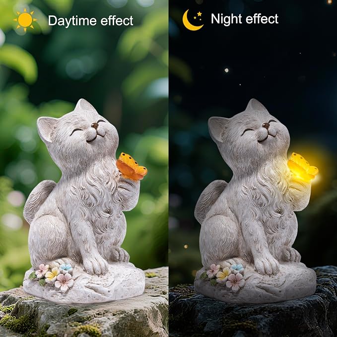 basen Solar Cat Statue with Glowing Butterfly, Outdoor Garden Cat Figurine Decor for Yard Lawn Patio, Resin Solar Animal Sculpture with LED Light for Garden Landscape Decoration