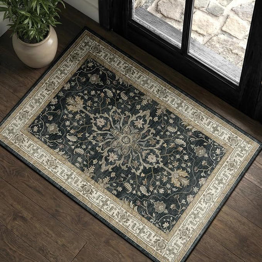 RELEANY Washable Area Rug, Small 2'x3', Black/Vintage/Beige | Non-Slip, Water Repellent, Pet Friendly, Easy to Clean, Vintage Floral Boho Decor for Kitchen Entryway Bathroom