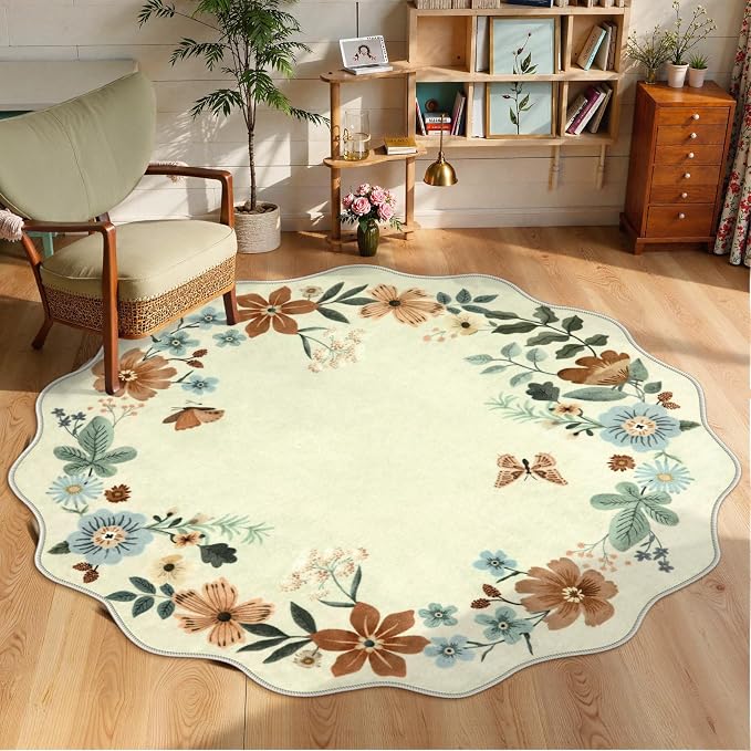 Lahome Floral Washable Round Area Rug, Soft Round Rugs 6ft Ultra-Thin | Non-Slip Boho Large Circle Carpet for Bedroom Living Room Kitchen Nursery Flore, Beige