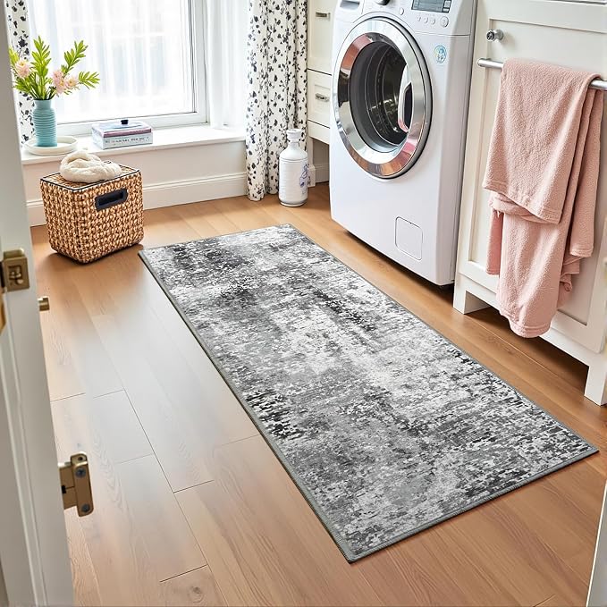 Dark Grey Washable Runner Rug for Bedroom, Abstract Non-Slip Soft Entryway Rugs, Modern Low Pile Stain Resistant 2x6 Carpet for Entryway, Kitchen, Hallway, Bedside