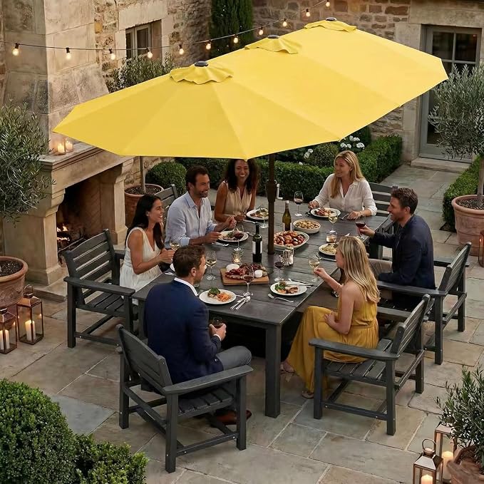 Kingdura 15ft Large Patio Umbrella with Base Included, Double-Sided Rectangle Outdoor Table Umbrella with 12 Reinforced Ribs, Crank Lift for Market Pool Deck Backyard, Yellow