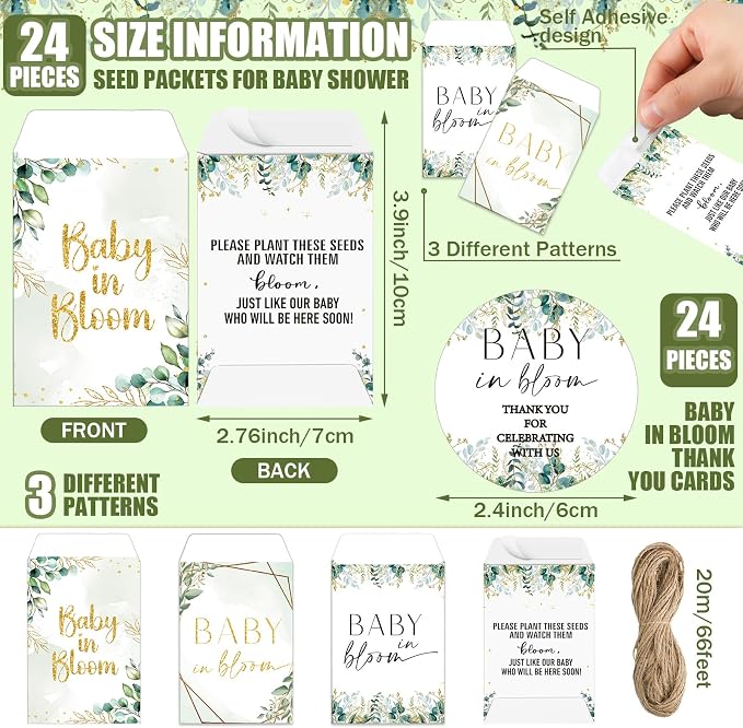 Reallnaive Baby Shower Party Favors Baby in Bloom Envelopes Seed Packets Include 24 Mini Terracotta Pots Seed Packets 24 Self Adhesive Envelopes Thank You Tags Gifts for Party(Greenery)