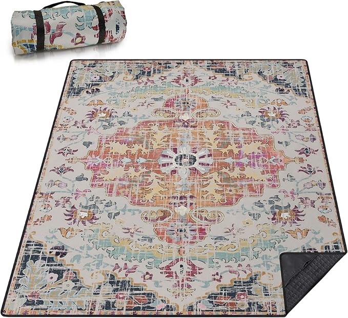 Picnic Blankets Extra Large Waterproof, 80"x 60" Vintage Boho Beach Mat with Corner Pockets Windproof Sandproof Foldable Portable 3-Layer Mat Darker for Wet Grass,Parks,Music Festival,Camping,Concerts