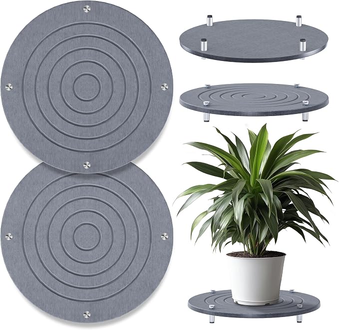 2Pcs 14 Inch Plant Saucers for Indoors, Instant Dry Diatomaceous Earth Plant Saucer, Plant Trays for Pots with Stainless Steel Feet, Plant Water Catcher Tray, Gray