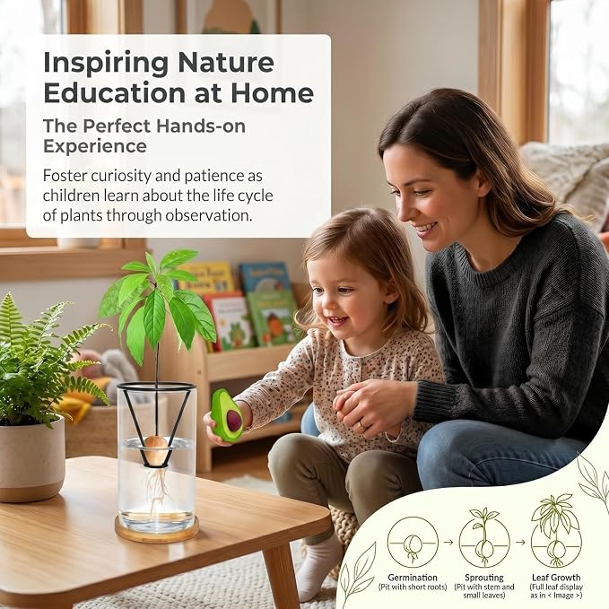 Avocado Tree Growing Kit with Bottle Brush Avocado Figurine, Bamboo Base, Avocado Seed Starter Vase Glass Plant Pot Easy Seed Sprout Starter Gift for Gardening Lovers Home Office Table Decoration