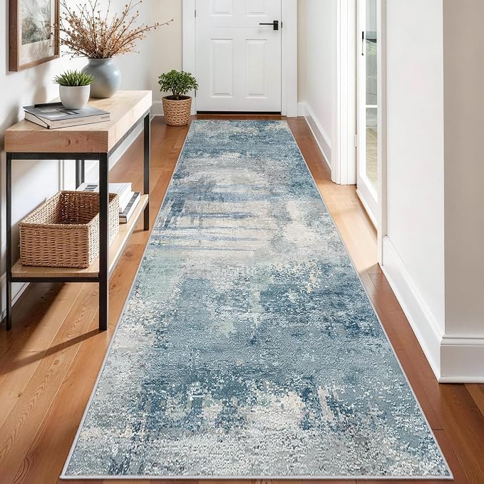 Washable 3x12 Hallway Runner Rug: Washable Non Slip Carpet Blue | for Long Entryways Kitchen Living Room - Abstract Modern Neutral Thin Low Pile Runners 3x12 Blue