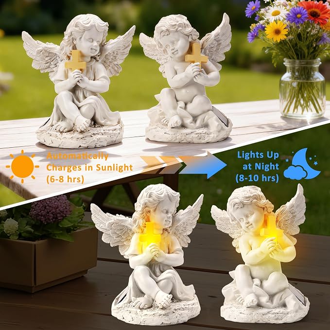Solar Garden Statues Angel with Cross, 2 Pack Outdoor Garden Decor for Yard, Patio Decorations Gifts for Mom Grandma Women, Solar Angel Lawn Ornaments for Outside Porch Flower Bed Decor