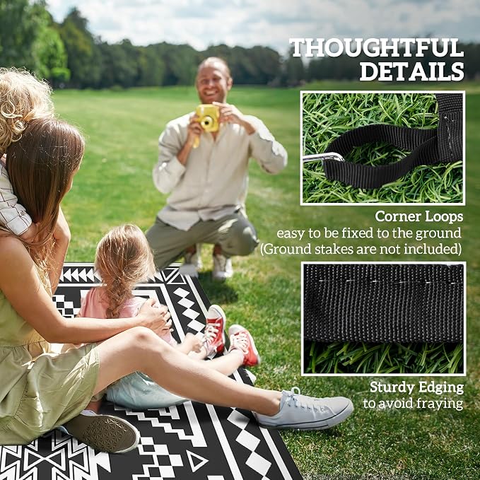 Outsunny Outdoor Rug for Patio, 9' x 18' Waterproof Large Mat, Reversible Plastic Straw Rug for Decor, Portable Outside RV Camping Area Carpet Mat for Backyard Porch Deck Picnic, Black & Gray Square