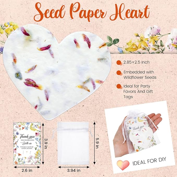 Dunzoom 50 Sets Wedding Gifts for Guests Heart Shaped Seed Paper Handmade Flower Petals Tags Plantable Wildflower Seed Paper Recycled Thank You Cards and Organza Bags for Bridal Shower Party Favor