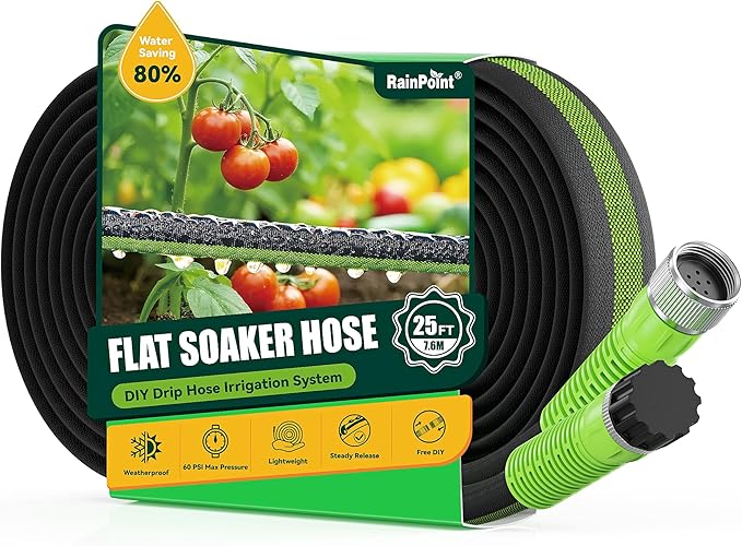 RAINPOINT 25FT Flat Soaker Hose, Flexible & Heavy-Duty Drip Hose with Anodized Aluminum Fittings, 80% Water-Saving Double Layer Gardening Irrigation Hose, Green