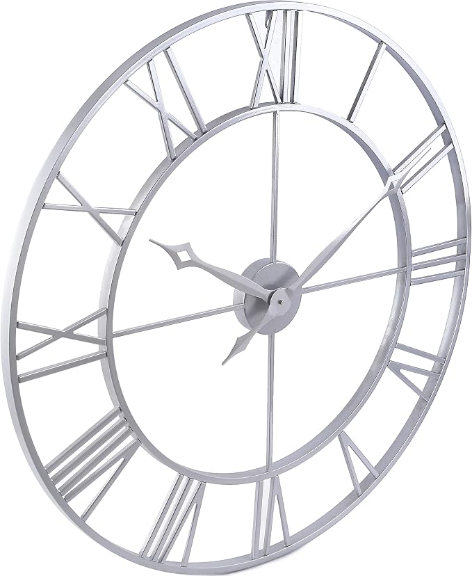 CLXEAST Large Modern 30 Inch Wall Clock Silver, Oversized Big Roman Numeral Metal Wall Clocks for Living Room Decor, Home Office,Dinning Room
