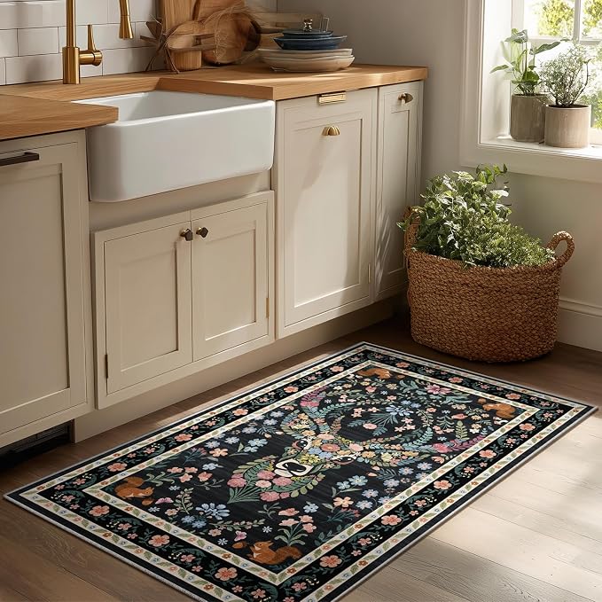 Non-Slip Washable Entry Rug Vintage Floral Deer Pattern 2x3 - Bohemian Forest Animal Carpet with Squirrel & Butterfly, Soft Decorative Area Rug for Living Room Bedroom Home Decor