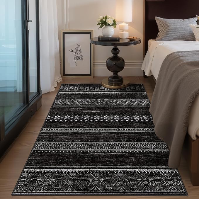 4x6 Washable Area Rugs for Living Room Boho Bedroom Rug Black/White | Vacuum Friendly, Machine Washable, Non-Slip Rug, Stain Resistant, Moroccan Geometric, Low Pile Carpet, Dining Room Kitchen