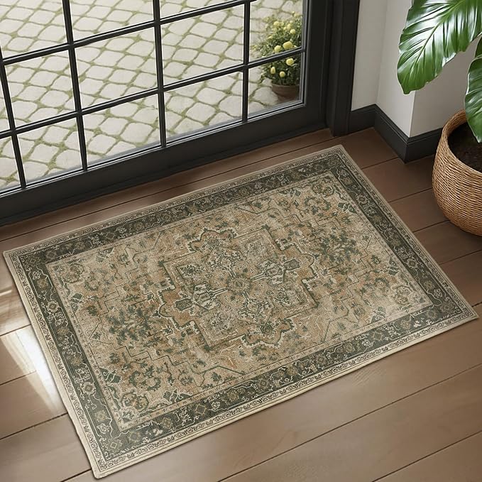 Vintage Distressed 2x3 Kitchen Rugs Washable Non Slip, Moody Medallion Door Mat Indoor Entrance Entryway, Small Low Pile Rugs for Bedroom/Bathroom Vanity/Laundry Room, Multi Brown/Olive Green
