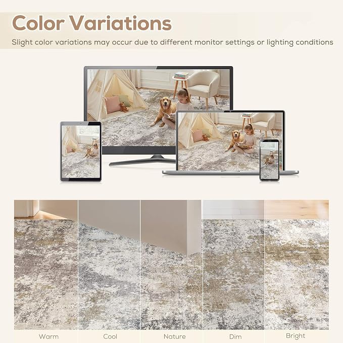 Nakagishi 10X12 Abstract Washable Area Rugs for Living Room-Brown Grey | Modern Non-Slip Silicone Backing Low Pile Soft Carpet for Bedroom Dining Decor Ideal for Families with Kids and Pets