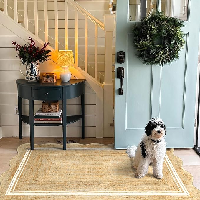 3x5 Entryway Rug - Small Washable Front Door Mat Outside Entrance | Non-Slip Indoor Outdoor Mats for Front Door Jute-Look Neutral Porch Rug Scalloped Rugs for Entryway Kitchen Mudroom Decor