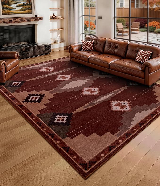 6’x9’ Washable Western Red Aztec Area Rug for Living Room | Non-Slip, Soft, Low Pile, Southwestern Retro Navajo Rug for Bedroom Dining Room, Red/Brown