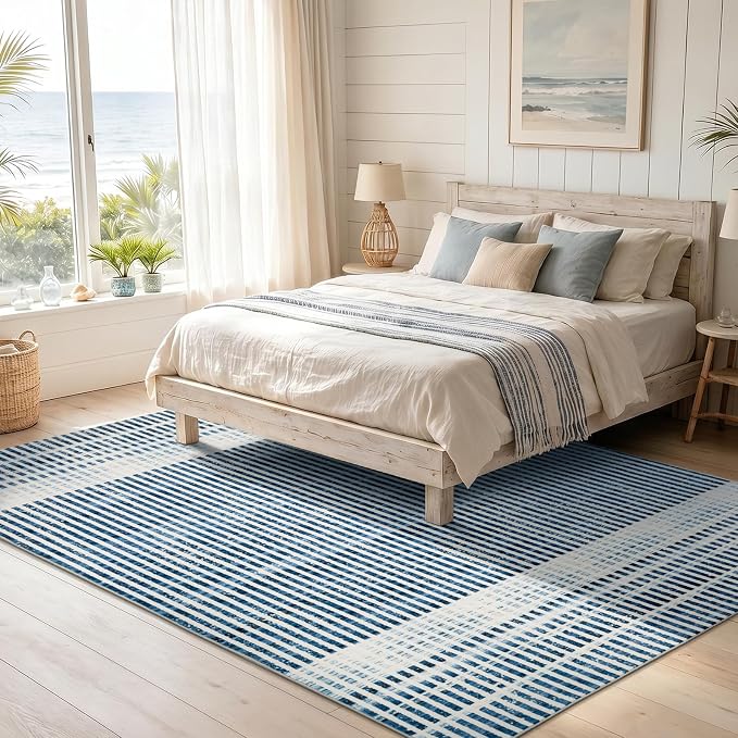 Washable 6x9 Modern Striped Area Rug, Abstract Living Room Rug | Beige Blue, Soft Low Pile, Skin Friendly, Non-Slip for High Traffic, Bedroom Vintage Coastal Nautical Style Home Decor