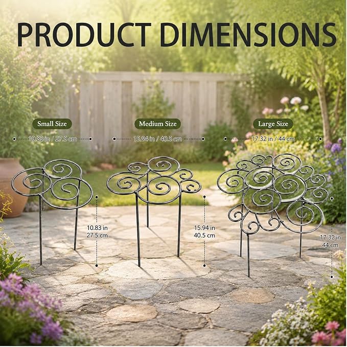 Scroll Metal Plant Support Rings – Heavy Duty Iron Garden Flower Stakes for Peony, Rose, Clematis & Vegetables, Decorative Spiral Plant Cage with Anti-Rust Coating (Large)