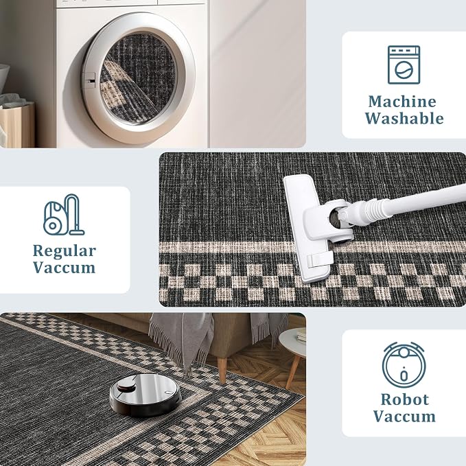 GarveeHome 4x6 Rug Small Washable Living Room Rug Modern Bordered Area Rugs | with Rubber Backing Soft Non Slip Low Pile Dining Room Throw Carpet Checkered Geometric Mats for Bedroom Kitchen, Black