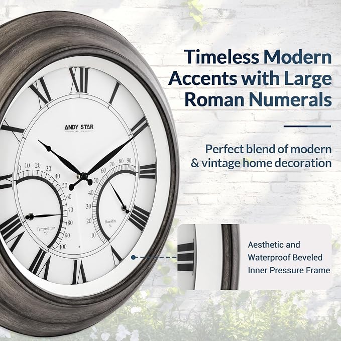 ANDY STAR 24 Inch Outdoor Clocks Waterproof,Large Outdoor Wall Clocks for Garden Patio Pool, Modern Lighted Metal Clock Battery Operated with Thermometer&Hygrometer, Gray Oak Wooden Non Ticking