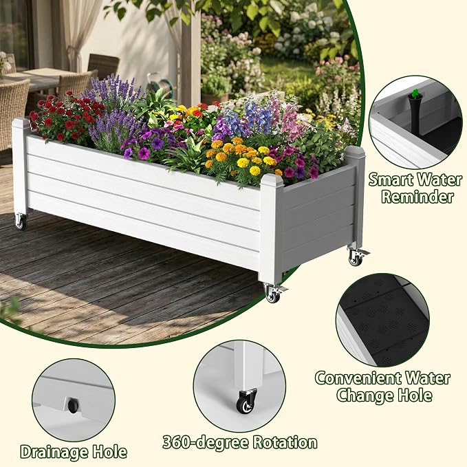 Vixzen Mobile Raised Garden Bed with Lockable Wheels, Resin Outdoor Planter Box with Drainage for Vegetables, Flowers, Herbs in Patio, Yard, Balcony (Gray, 43.31 * 17.72 * 17.56)