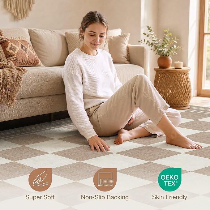 cotiled Boho 10x12 Area Rug for Living Room: Large Moroccan Washable Rug | Solve Modern Neutral Trendy Home Decor - Stain Resistan Carpet for Bedroom Farmhouse Khaki Brown
