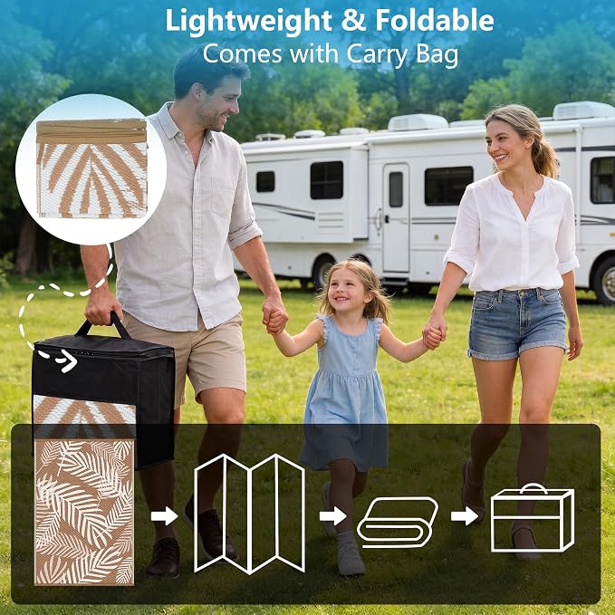 Kohree Outdoor Rug Waterproof 8x10, Reversible Outdoor Plastic Straw Rug with Leaf Pattern, Easy-Cleaning RV Mat Carpet for for Patio, Camping, Balcony, Deck, Backyard, Brown & Beige