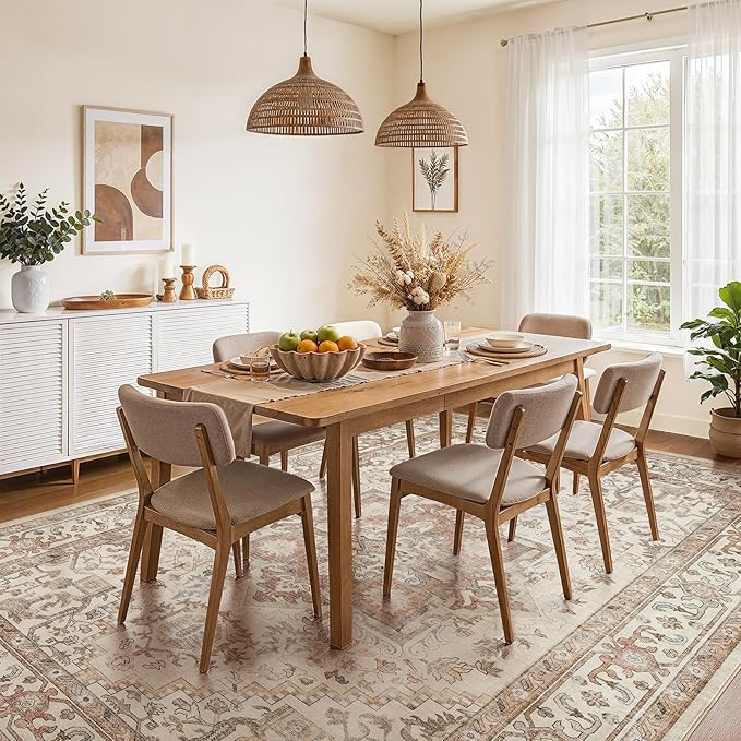 DTICON Vintage Washable 12x15 Area Rug Living Room Rugs, Beige | Boho Distressed, Pet & Kid Friendly, Non-Slip Backing, Soft Polyester, Low-pile Carpet for Living Room, Bedroom, Dining Room