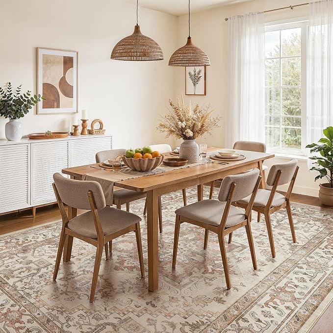 DTICON Vintage Washable 8x10 Area Rug Living Room Rugs, Beige | Boho Distressed, Pet & Kid Friendly, Non-Slip Backing, Soft Polyester, Low-pile Carpet for Living Room, Bedroom, Dining Room