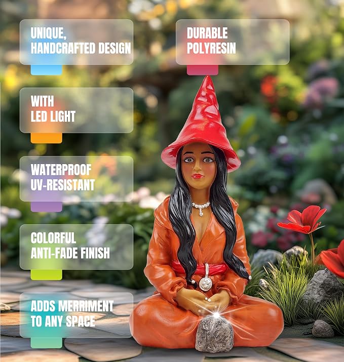 Better Office Products Garden Gnome Statue, 12" Height, Handcrafted Waterproof, UV-Resistant Polyresin Lawn Patio Porch Ornament Decoration (Modern Pixie Girl with Solar Light)