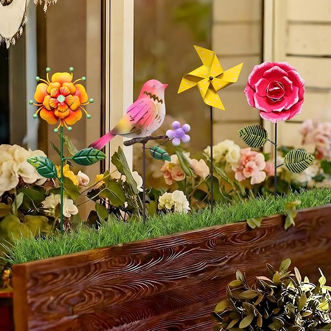 8 Pcs Metal Flower Yard Art for Outside Outdoor 14" 5d Summer Wildflowers Metal Sign Waterproof Garden Stakes Bird Dragonfly Windmill Landscape Decoration for Lawn Yard Garden Patio Porch