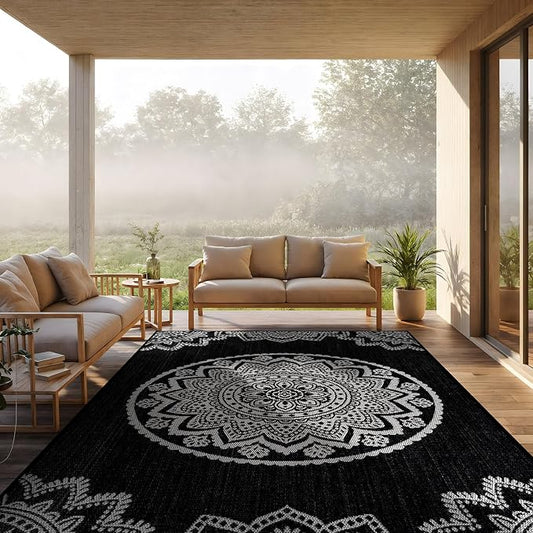 CAMILSON Outdoor Rug 8x10 Modern Area Rugs for Indoor and Outdoor Patios and Porches - Waterproof Washable Non-Shedding Easy-to-Clean Outside Carpet (8 x 10 Medallion - Black/White)