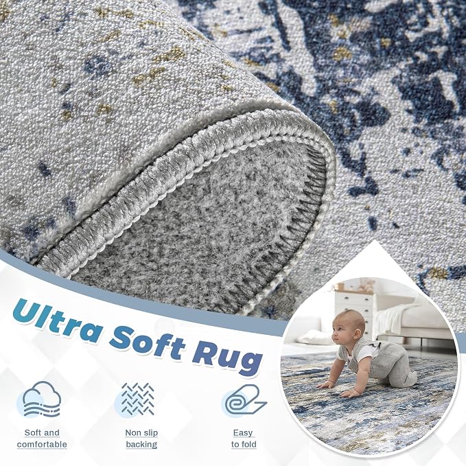 pmtsns Area Rugs 6x9 for Living Room: Washable Rug Modern Abstract Neutral Soft Non-Slip Low-Pile Indoor Carpet for Bedroom Dining Room Playroom Home Office (Blue Grey Brown, 6'x9')