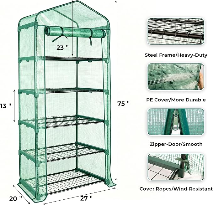 Worth Garden 5 Tier Mini Greenhouse - 75'' H x 27'' L x 19'' W - Sturdy Portable Gardening Shelves with Durable PE Cover w/ Roll-Up Zipper Door- Small Green House Indoor & Outdoor for Plants Flowers