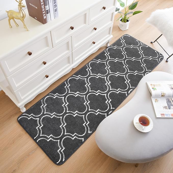 Chicrug 2x6 Shag Geometric Modern Runner Rug for Bedroom Hallway | Memory Foam Indoor Runner Carpet, Fluffy Rug for Living Room Bedside Room for Family, Dark Grey and White